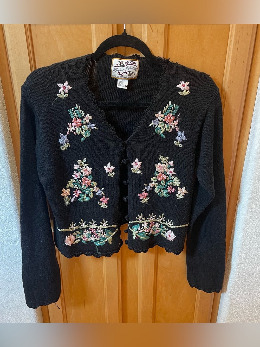 Heirloom Collectible Vintage Black Floral Embroidered Knit Sweater Size Large